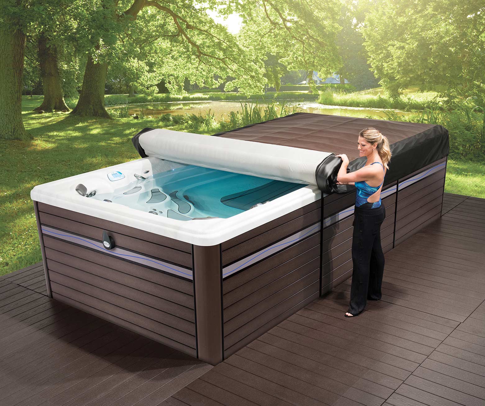 axis cover unrolled on a swim spa