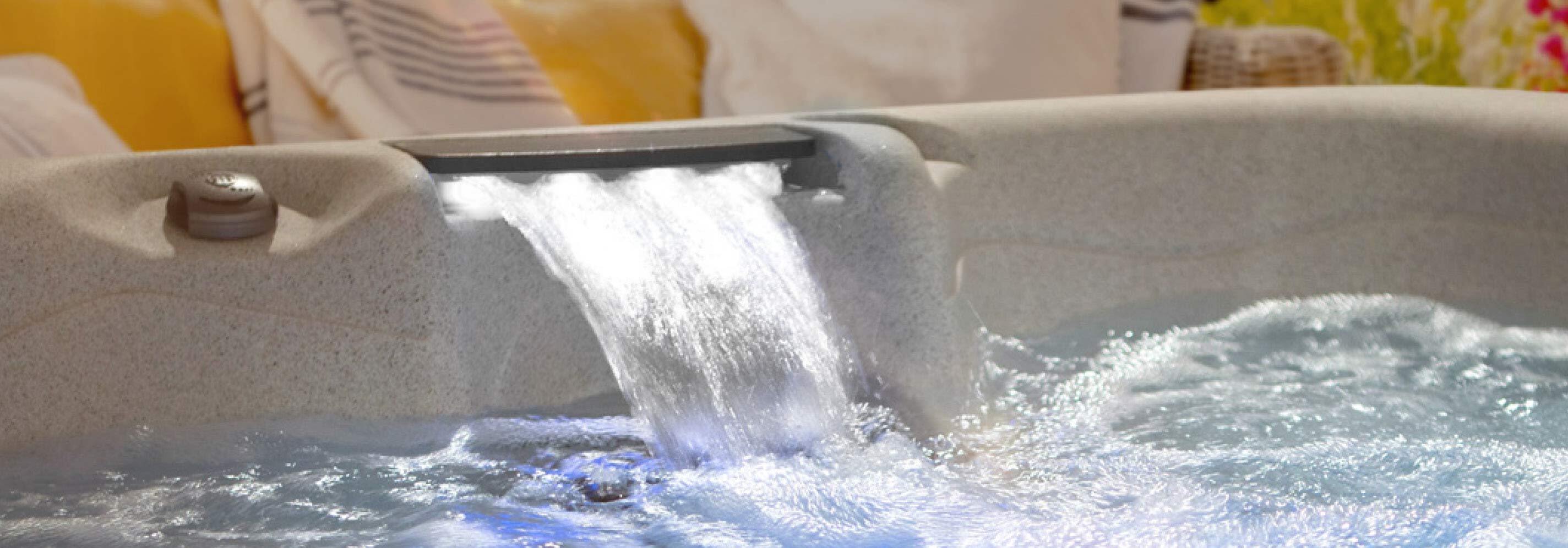 Waterfall water feature on a getaway hot tub